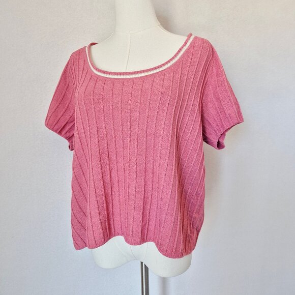 ST. JOHN Sport Wool Blend Santana Ribbed Knit Short Sleeve Sweater Top Pink - Picture 1 of 11